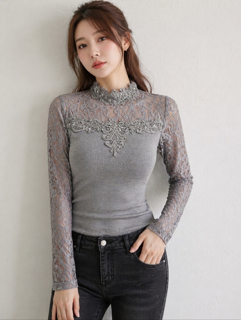 Romantic Gray Lace Long Sleeve Top Small Rhinestone High Neck Vintage Style